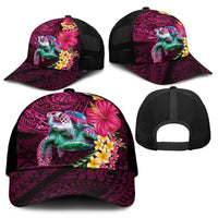 Hawaiian Plumeria and Hibiscus with Turtles Mesh Trucker Cap Polynesian Art Red Color - Polynesian Pride