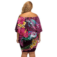 Hawaiian Plumeria and Hibiscus with Turtles Off Shoulder Short Dress Polynesian Art Red Color - Polynesian Pride
