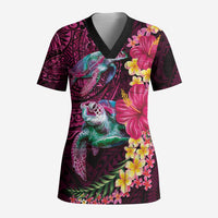 Hawaiian Plumeria and Hibiscus with Turtles Scrub Top Polynesian Art Red Color - Polynesian Pride