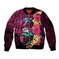Hawaiian Plumeria and Hibiscus with Turtles Sleeve Zip Bomber Jacket Polynesian Art Red Color - Polynesian Pride