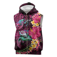 Hawaiian Plumeria and Hibiscus with Turtles Sleeveless Zip Hoodie Polynesian Art Red Color - Polynesian Pride