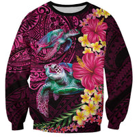 Hawaiian Plumeria and Hibiscus with Turtles Sweatshirt Polynesian Art Red Color - Polynesian Pride