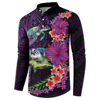 Hawaiian Plumeria and Hibiscus with Turtles Button Sweatshirt Polynesian Art Purple Color - Polynesian Pride
