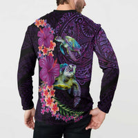 Hawaiian Plumeria and Hibiscus with Turtles Button Sweatshirt Polynesian Art Purple Color - Polynesian Pride