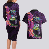 Hawaiian Plumeria and Hibiscus with Turtles Couples Matching Long Sleeve Bodycon Dress and Hawaiian Shirt Polynesian Art Purple Color - Polynesian Pride