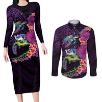 Hawaiian Plumeria and Hibiscus with Turtles Couples Matching Long Sleeve Bodycon Dress and Long Sleeve Button Shirt Polynesian Art Purple Color - Polynesian Pride
