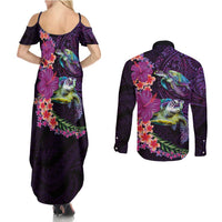Hawaiian Plumeria and Hibiscus with Turtles Couples Matching Summer Maxi Dress and Long Sleeve Button Shirt Polynesian Art Purple Color - Polynesian Pride