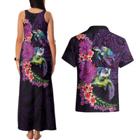 Hawaiian Plumeria and Hibiscus with Turtles Couples Matching Tank Maxi Dress and Hawaiian Shirt Polynesian Art Purple Color - Polynesian Pride