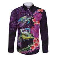 Hawaiian Plumeria and Hibiscus with Turtles Family Matching Off The Shoulder Long Sleeve Dress and Hawaiian Shirt Polynesian Art Purple Color - Polynesian Pride
