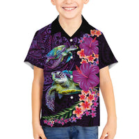 Hawaiian Plumeria and Hibiscus with Turtles Family Matching Summer Maxi Dress and Hawaiian Shirt Polynesian Art Purple Color - Polynesian Pride