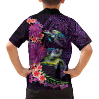 Hawaiian Plumeria and Hibiscus with Turtles Kid Hawaiian Shirt Polynesian Art Purple Color - Polynesian Pride