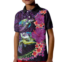 Hawaiian Plumeria and Hibiscus with Turtles Kid Polo Shirt Polynesian Art Purple Color - Polynesian Pride