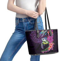 Hawaiian Plumeria and Hibiscus with Turtles Leather Tote Bag Polynesian Art Purple Color - Polynesian Pride