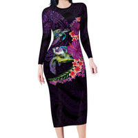 Hawaiian Plumeria and Hibiscus with Turtles Long Sleeve Bodycon Dress Polynesian Art Purple Color - Polynesian Pride