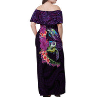 Hawaiian Plumeria and Hibiscus with Turtles Off Shoulder Maxi Dress Polynesian Art Purple Color - Polynesian Pride