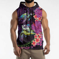 Hawaiian Plumeria and Hibiscus with Turtles Sleeveless Zip Hoodie Polynesian Art Purple Color - Polynesian Pride