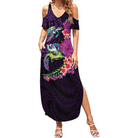 Hawaiian Plumeria and Hibiscus with Turtles Summer Maxi Dress Polynesian Art Purple Color - Polynesian Pride