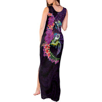 Hawaiian Plumeria and Hibiscus with Turtles Tank Maxi Dress Polynesian Art Purple Color - Polynesian Pride
