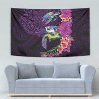 Hawaiian Plumeria and Hibiscus with Turtles Tapestry Polynesian Art Purple Color - Polynesian Pride