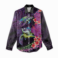 Hawaiian Plumeria and Hibiscus with Turtles Women Casual Shirt Polynesian Art Purple Color LT03 - Polynesian Pride
