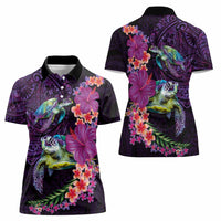 Hawaiian Plumeria and Hibiscus with Turtles Women Polo Shirt Polynesian Art Purple Color - Polynesian Pride
