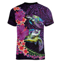 Hawaiian Plumeria and Hibiscus with Turtles Women V-Neck T-Shirt Polynesian Art Purple Color - Polynesian Pride