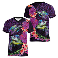Hawaiian Plumeria and Hibiscus with Turtles Women V-Neck T-Shirt Polynesian Art Purple Color - Polynesian Pride
