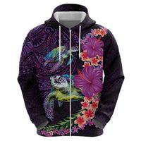 Hawaiian Plumeria and Hibiscus with Turtles Zip Hoodie Polynesian Art Purple Color - Polynesian Pride