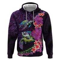 Hawaiian Plumeria and Hibiscus with Turtles Zip Hoodie Polynesian Art Purple Color - Polynesian Pride