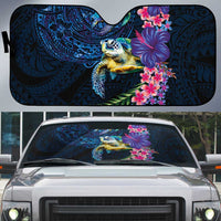 Hawaiian Plumeria and Hibiscus with Turtles Auto Sun Shade Polynesian Art Dark Cyan Color - Polynesian Pride