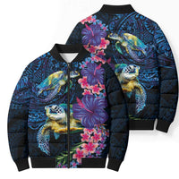 Hawaiian Plumeria and Hibiscus with Turtles Bomber Puffer Jacket Polynesian Art Dark Cyan Color - Polynesian Pride