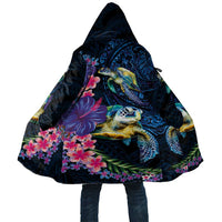 Hawaiian Plumeria and Hibiscus with Turtles Cloak Polynesian Art Dark Cyan Color - Polynesian Pride