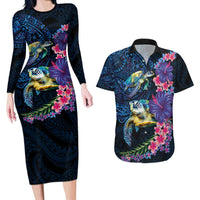 Hawaiian Plumeria and Hibiscus with Turtles Couples Matching Long Sleeve Bodycon Dress and Hawaiian Shirt Polynesian Art Dark Cyan Color - Polynesian Pride
