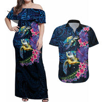 Hawaiian Plumeria and Hibiscus with Turtles Couples Matching Off Shoulder Maxi Dress and Hawaiian Shirt Polynesian Art Dark Cyan Color - Polynesian Pride