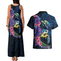 Hawaiian Plumeria and Hibiscus with Turtles Couples Matching Tank Maxi Dress and Hawaiian Shirt Polynesian Art Dark Cyan Color - Polynesian Pride