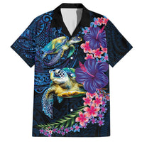 Hawaiian Plumeria and Hibiscus with Turtles Family Matching Long Sleeve Bodycon Dress and Hawaiian Shirt Polynesian Art Dark Cyan Color - Polynesian Pride