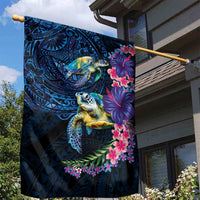 Hawaiian Plumeria and Hibiscus with Turtles Garden Flag Polynesian Art Dark Cyan Color - Polynesian Pride