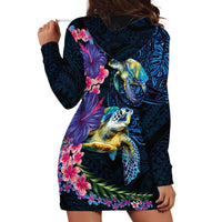 Hawaiian Plumeria and Hibiscus with Turtles Hoodie Dress Polynesian Art Dark Cyan Color - Polynesian Pride