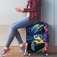 Hawaiian Plumeria and Hibiscus with Turtles Luggage Cover Polynesian Art Dark Cyan Color - Polynesian Pride