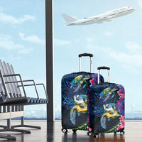 Hawaiian Plumeria and Hibiscus with Turtles Luggage Cover Polynesian Art Dark Cyan Color - Polynesian Pride