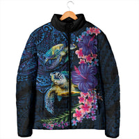 Hawaiian Plumeria and Hibiscus with Turtles Padded Jacket Polynesian Art Dark Cyan Color - Polynesian Pride