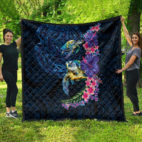Hawaiian Plumeria and Hibiscus with Turtles Quilt Polynesian Art Dark Cyan Color - Polynesian Pride