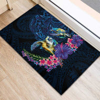 Hawaiian Plumeria and Hibiscus with Turtles Rubber Doormat Polynesian Art Dark Cyan Color - Polynesian Pride