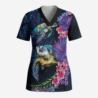 Hawaiian Plumeria and Hibiscus with Turtles Scrub Top Polynesian Art Dark Cyan Color - Polynesian Pride