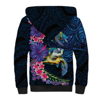 Hawaiian Plumeria and Hibiscus with Turtles Sherpa Hoodie Polynesian Art Dark Cyan Color - Polynesian Pride