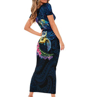 Hawaiian Plumeria and Hibiscus with Turtles Short Sleeve Bodycon Dress Polynesian Art Dark Cyan Color - Polynesian Pride