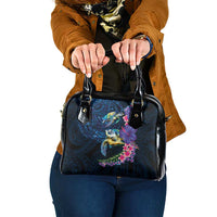 Hawaiian Plumeria and Hibiscus with Turtles Shoulder Handbag Polynesian Art Dark Cyan Color - Polynesian Pride