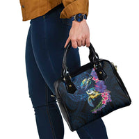 Hawaiian Plumeria and Hibiscus with Turtles Shoulder Handbag Polynesian Art Dark Cyan Color - Polynesian Pride