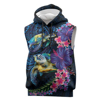 Hawaiian Plumeria and Hibiscus with Turtles Sleeveless Hoodie Polynesian Art Dark Cyan Color - Polynesian Pride