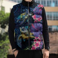 Hawaiian Plumeria and Hibiscus with Turtles Sleeveless Puffer Jacket Polynesian Art Dark Cyan Color - Polynesian Pride